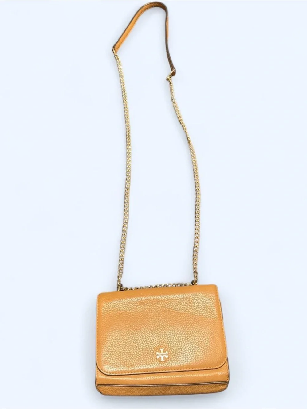 Tory Burch Tan Pebbled Leather Crossbody with Gold Chain
